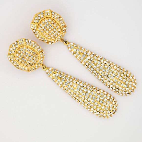 VTG Clip On Inspired Pave Crystal Statement Earrings Gold Tone Dangle Drop Glam - Picture 3 of 7